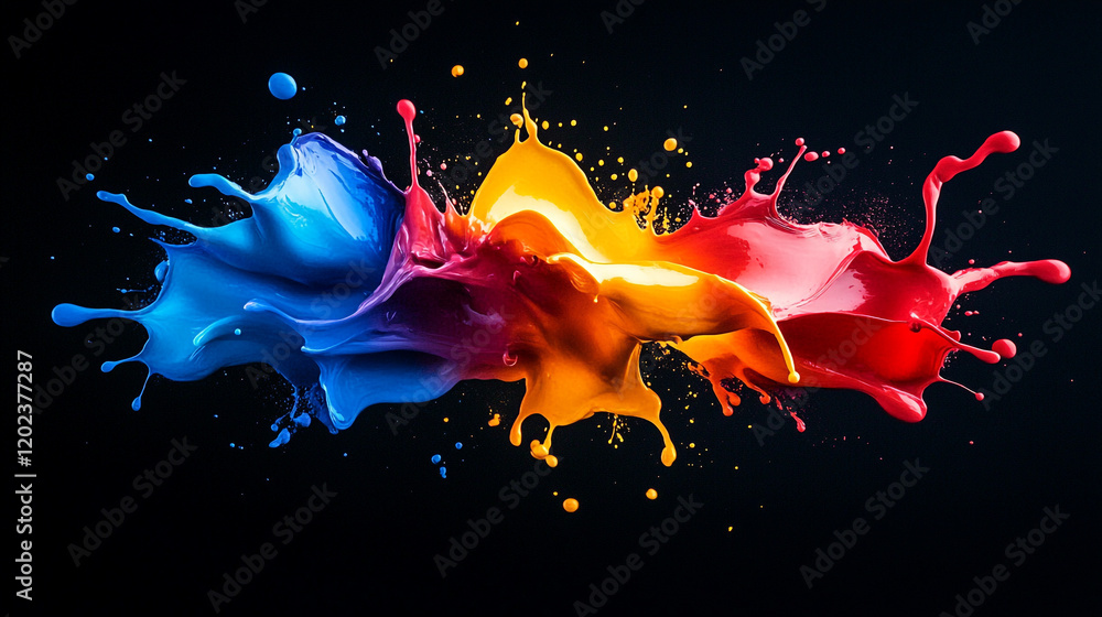 Poster colorful splashes of paint create dynamic energy on a dark background