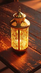 A luminous and glowing Ramadan lantern is placed on an old wooden table