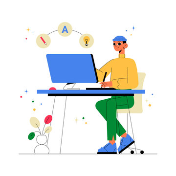 Male Designer Working At Desk In Flat Vector Illustration Symbolizing Creativity, Innovation, And Design, Isolated On White Background