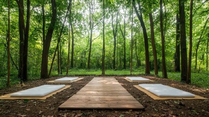 Outdoor yoga mats path forest nature wellness retreat