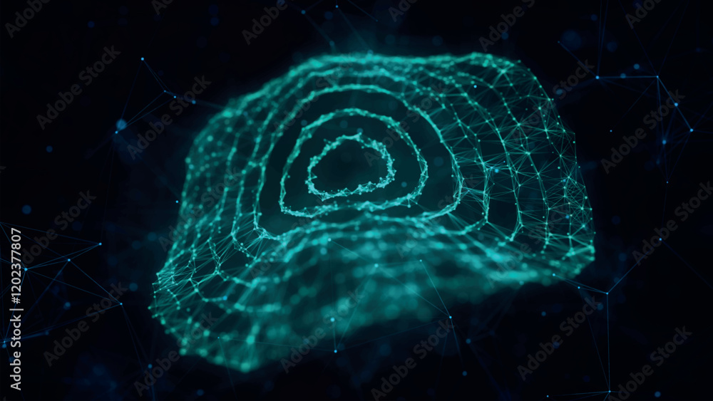 Poster futuristic dotted, circular particle wave. sound waves visualization. dark background. technology or