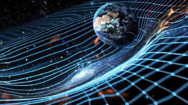Cosmic interaction: video illustrating Earth's place in curved space-time, with grid and glowing lines symbolizing gravity's influence, particles, and atmospheric , representing universal forces.