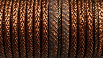 copper wire coils, close-up macro, industrial textures, metallic sheen, repetitive patterns, woven copper strands, electrical components, warm orange tones, intricate details, industrial design