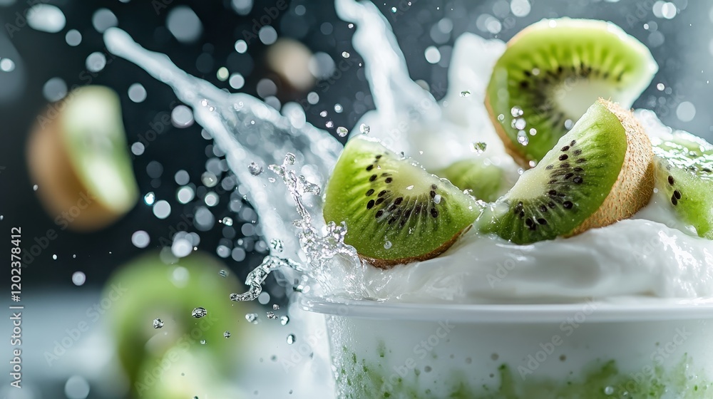 Poster an exciting splash of kiwi slices falling into yogurt, creating a beautiful visual experience of fla