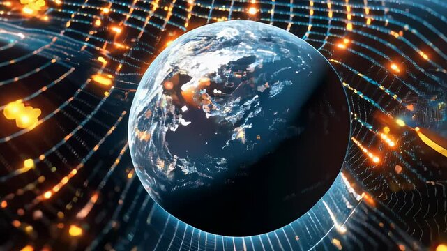 Gravitational dynamics: Earth depicted within space-time grid, showing mass-induced gravity well, glowing lines highlighting curvature, and cosmic particles.