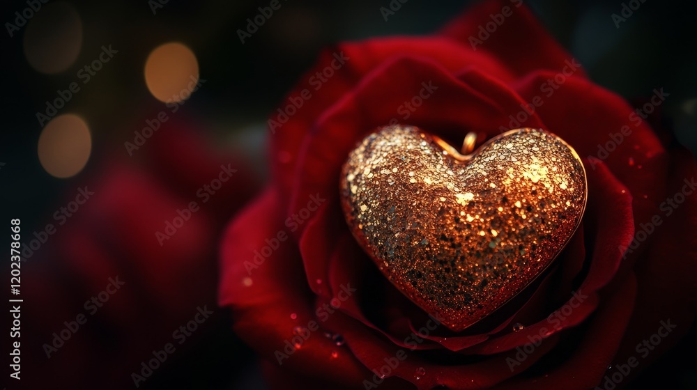 Poster gold heart resting on deep red rose petals with bokeh light background sparkles and shimmers