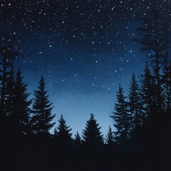 Starry night sky above the silhouette of tall trees, creating an atmospheric and mysterious scene