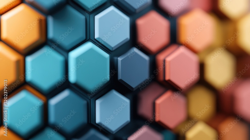 Poster this close-up features a mix of colorful hexagons interspersed together, creating a vibrant mosaic t