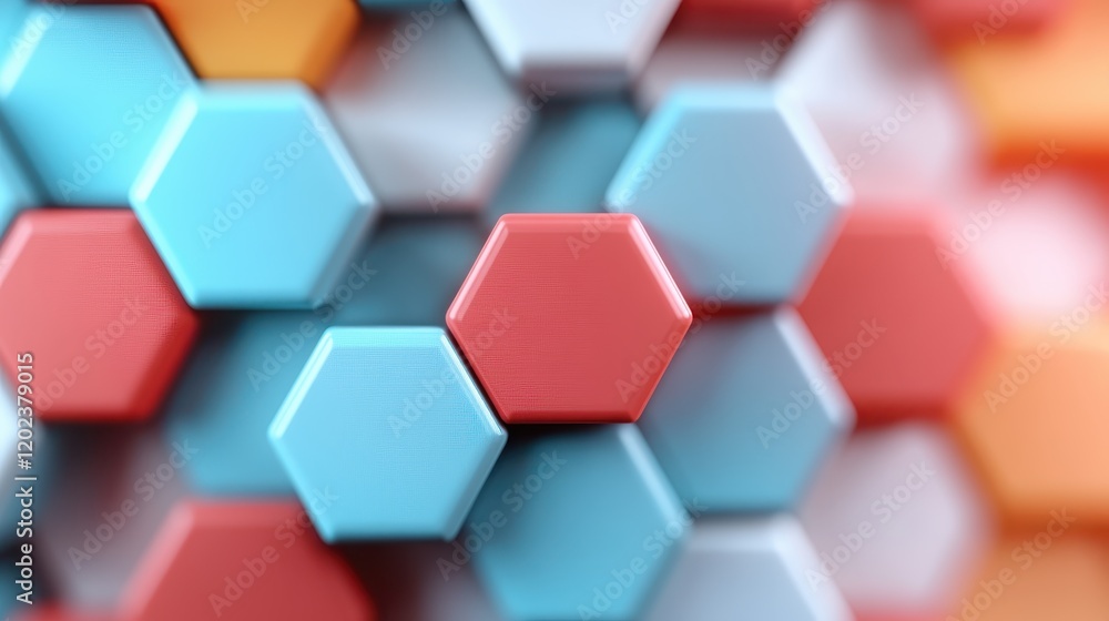 Poster an artistic representation of textured hexagonal tiles in vibrant shades of blue, red, and orange, c