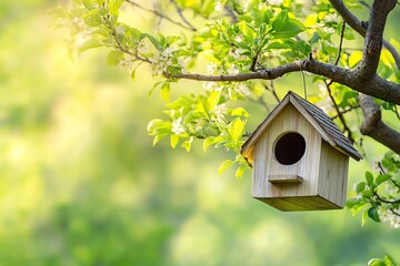 Wooden birdhouse on the tree branch in the park