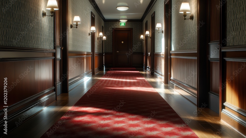 Poster an elegantly designed hallway bathed in warm light and intricate shadows, creating a serene atmosphe