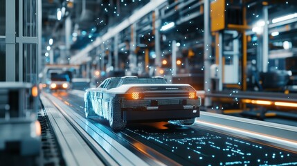 Obraz premium Detailed shot of an edge computing system on the base of an autonomous guided vehicle with signal strength indicators lighting up as it transports materials across the manufacturing