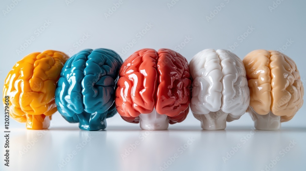 Poster a collection of colorful brain models arranged in a line, illustrating the diversity and complexity 