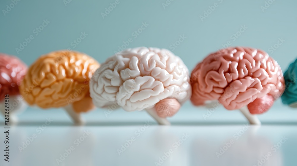Poster a captivating array of colorful brain models featuring a glossy finish reflecting light, representin