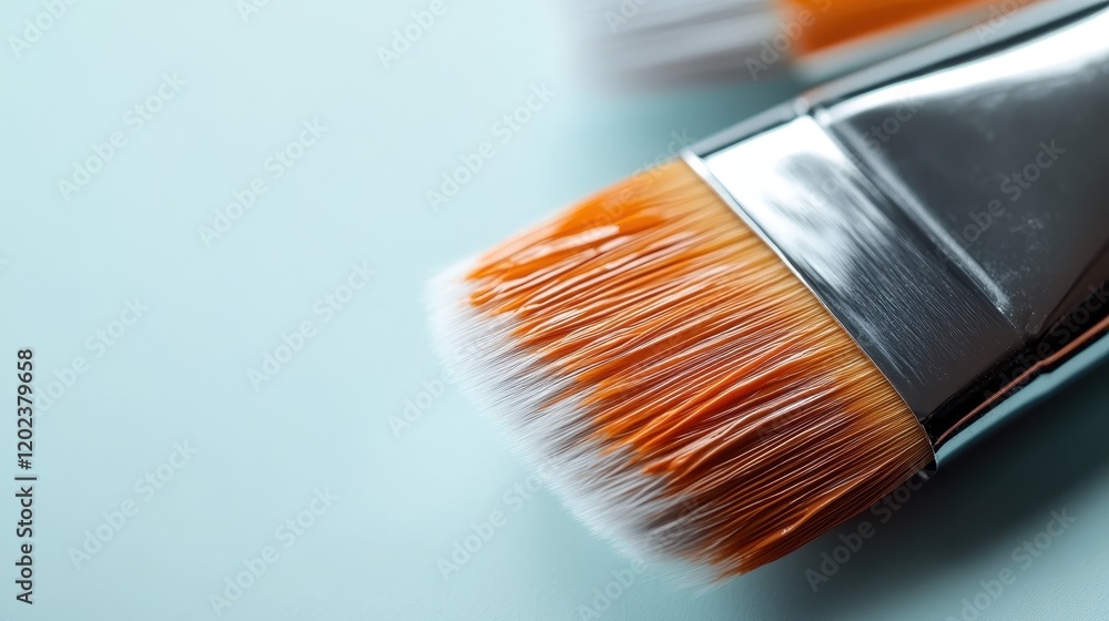 Poster close-up image of high-quality paintbrushes positioned on a soft blue background, ideal for art proj