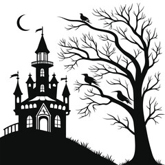illustration with castle and crows silhouettes isolated on white background