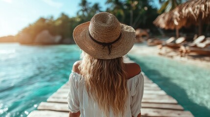 A woman gazes at the serene ocean view from a wooden dock, capturing a moment of peace and reflection, embodying the beauty of nature and the calmness of seaside life.