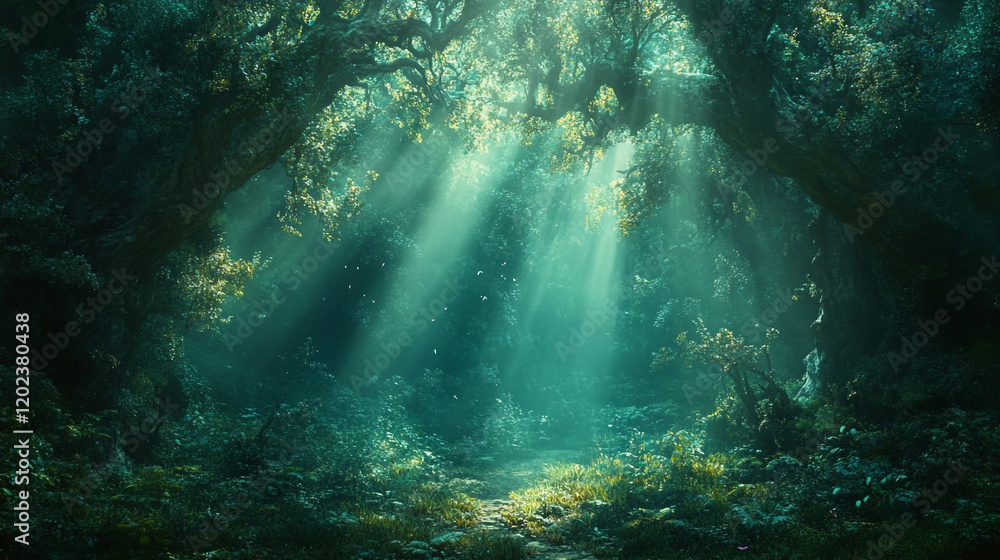 Poster light streams through a mystical forest creating a tranquil and enchanting atmosphere
