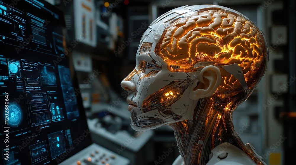 Poster cyborg with glowing brain analyzes data on monitor in lab