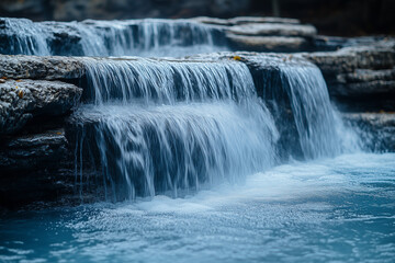 Water flowing down rocky waterfall in serene environment.