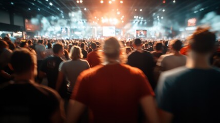 A vibrant crowd shifts together in unison, transfixed by the lights of a stage, representing the electrifying energy of live entertainment and connection.