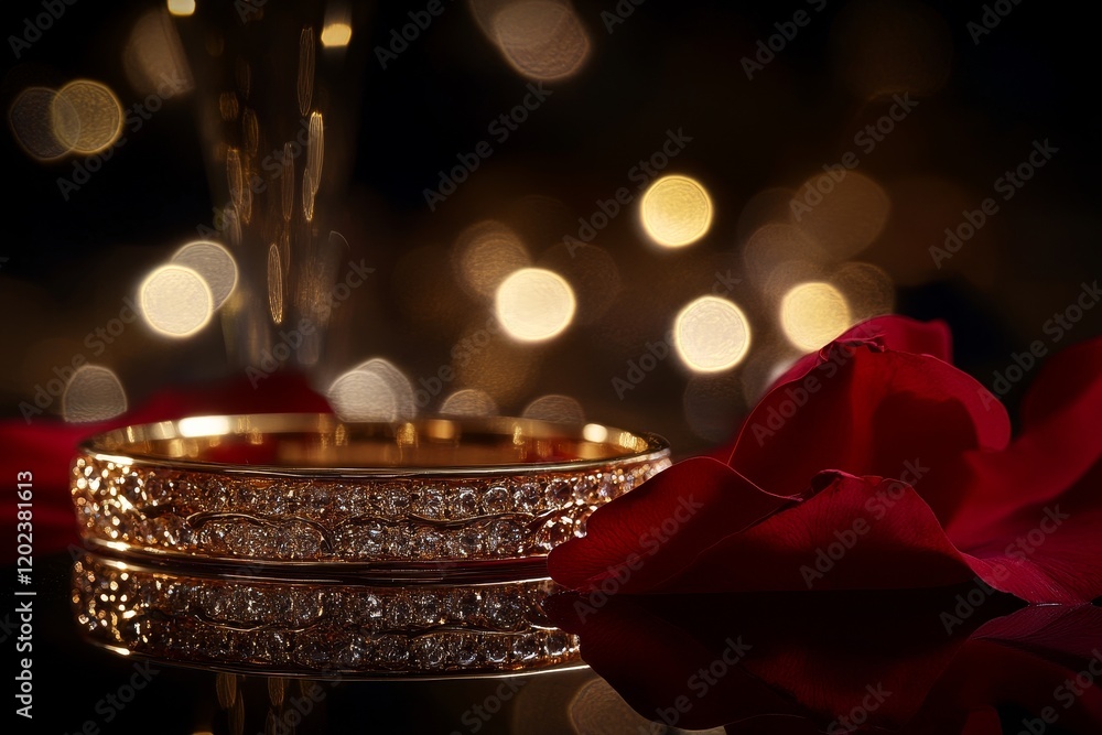 Poster golden bracelet sparkling on surface with red rose petals and bokeh lights in dark background