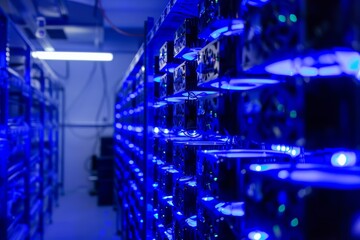 High tech ai server room with glowing blue lights for data management and technology innovation