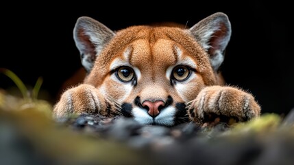 A close-up shot of a puma in a crouched position amidst nature, illustrating its readiness to pounce and showcasing the power and grace of this magnificent predator.