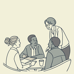 Minimalistic business meeting scene with diverse people around a table Illustrator Artwork