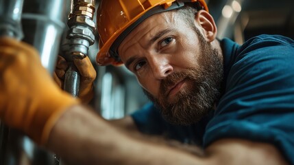 An industrious man wearing a protective hard hat and glasses, concentrating on his work with pipelines, representing dedication and skill in manual labor and industrial environments.