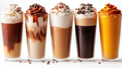 A vibrant collection of colorful coffee drinks, each uniquely layered and topped, ideal for showcasing the versatility and artistry of coffee creations.
