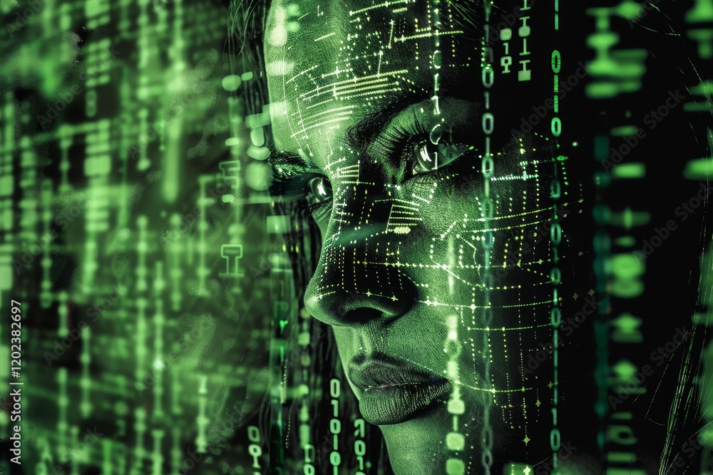 Poster close-up of a womans face with green binary code overlaid, reflect on the interplay between technolo