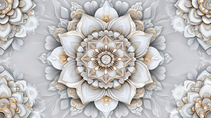 Intricate seamless mandala flower design on a soft gray background for decorative appeal. Intricate Mandala Pattern. Illustration