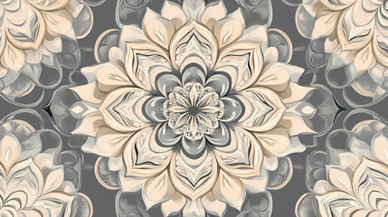 Intricate seamless mandala flower design on a soft gray background for decorative appeal. Intricate Mandala Pattern. Illustration