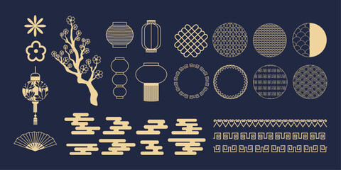 Traditional elements for decoration in Chinese ornaments. Chinese New Year.  Oriental geometric shapes. Traditional elements for decoration in Chinese. Ornament. Trendy modern line art.  