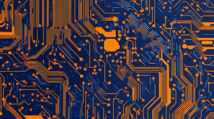 Orange and blue tech circuit board with HTML code, ideal for science, education, and technological process visuals. 