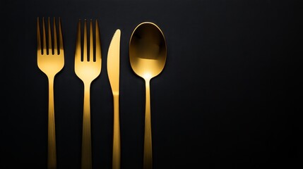 Golden Cutlery Set Displayed on a Dark Background for Food Photography or Dining Concepts