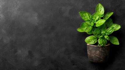 Naklejka premium Fresh basil plant in pot on dark background, cooking ingredient, recipe website