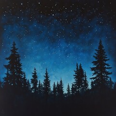 Starry night sky above the silhouette of tall trees, creating an atmospheric and mysterious scene