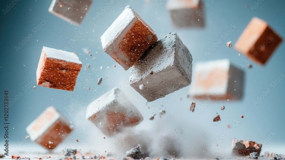 Poster a captivating scene of concrete blocks suspended in mid-air surrounded by swirling dust, highlightin