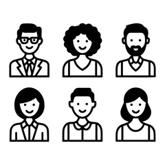 A set of 6 office worker icons in a simplified, bright, clean, and very thin outline vector design style.