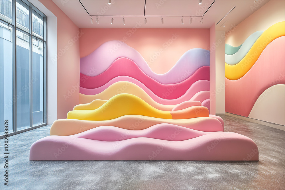 Poster colorful abstract interior installation with wavy, layered shapes in pastel tones, creating a soft a