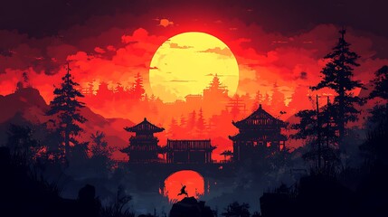 Warrior Silhouette at Sunset Gate Japanese Setting
