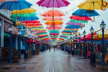 A vibrant walkway lined with colorful umbrellas hangs above a bustling boardwalk, Colorful umbrellas lining a bustling boardwalk