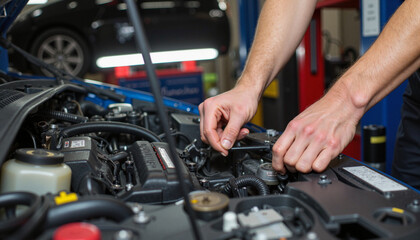 Mechanic fixing engine components in automotive workshop