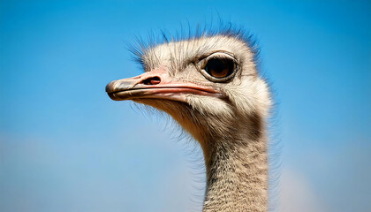 Close-up of an ostrich's head and neck against a vibrant blue sky.  The detailed image showcases the bird's unique plumage and expressive eye, perfect for wildlife, nature, or travel publications.