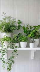 Indoor plant display on a white shelf against a light backdrop enhances home decor
