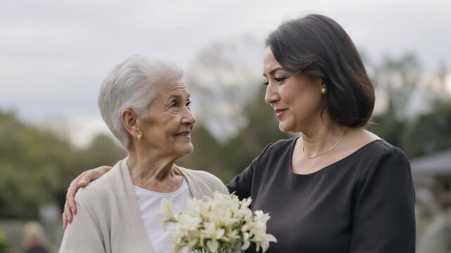 Elderly Mother and Mature Daughter Share a Tender Moment of Remembrance at a Cemetery