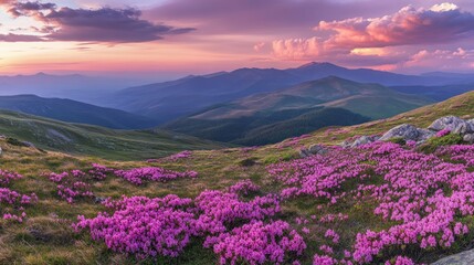 Majestic Mountain Sunset with Blooming Rhododendrons