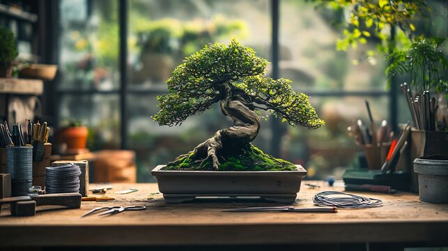 Bonsai Tree on Workbench with tools and supplies in greenhouse setting creates a calming view